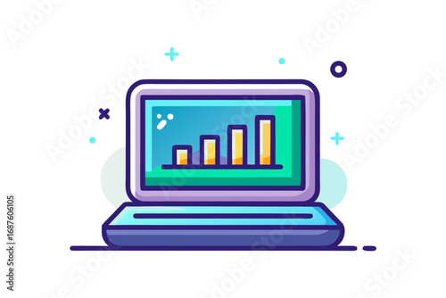 glowing laptop computer device icon with tiny graph screen  