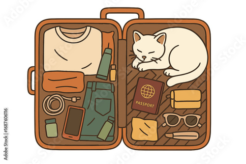 A cute white cat is sprawled belly-up inside a suitcase, evoking a travel theme