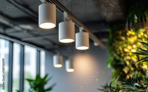 Modern Lighting Fixtures Illuminate a Stylish Indoor Space With Greenery and ...