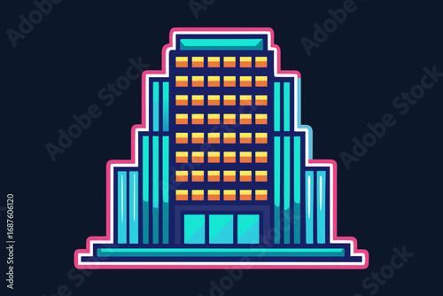 glowing office building corporate workplace icon with neon outline  
