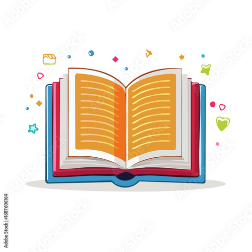 Open children book with colorful confetti and stars in cartoon style