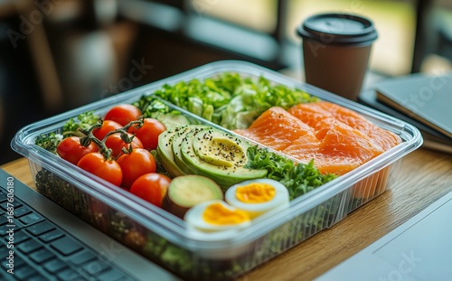 Healthy Meal Prep With Salmon, Vegetables, and a Laptop on a Desk.