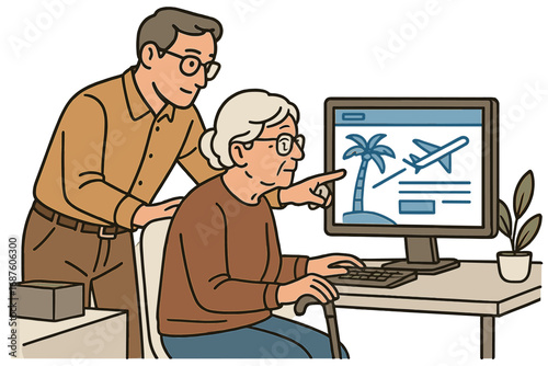 An elderly couple selects a tour online, with the modern senior partner browsing the internet for holiday travel on a computer, depicted in a flat vector illustration on a white background