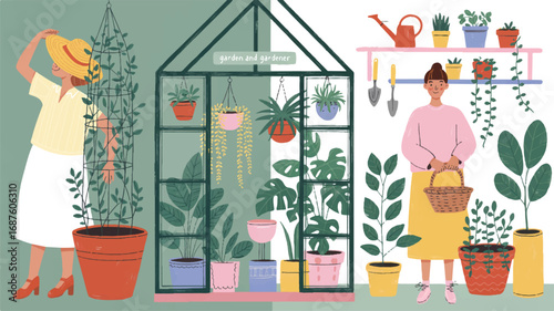 Serene Greenhouse Scene with Female Gardeners and Lush Greenery Offering a Tranquil and Harmonious Botanical Experience