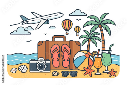 Vector illustration of a realistic 3D summer vacation scene showcasing a sand beach island on the horizon with summer accessories