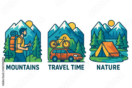 A vector collection of travel posters showcasing adventure, camping, weekend getaways, mountain hiking, road trips, forest camping, natural landscapes, and a man standing atop a mountain gazing over