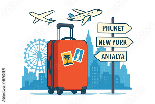 Various city direction signs around the globe embody a travel concept