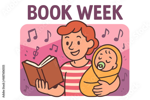 A World Book Day poster template features modern flat vector illustrations of people reading, including a red-haired man walking in town, eating ice cream, and reading a music book