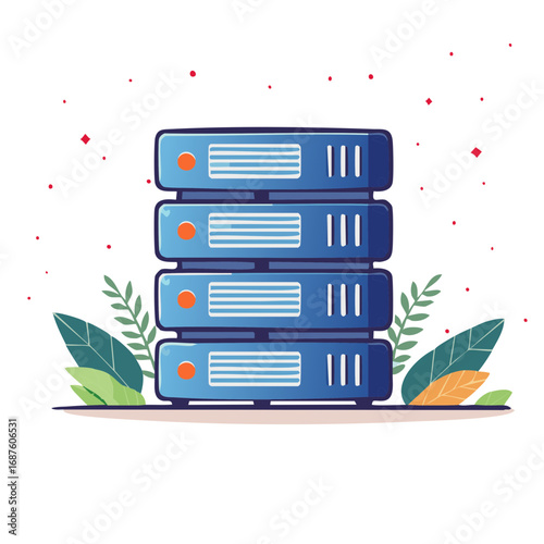 Stacked blue servers with decorative leaves representing data storage and cloud technology