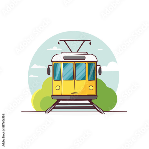 Bright Yellow Vintage Streetcar Illustration on Tracks with Greenery and Sky