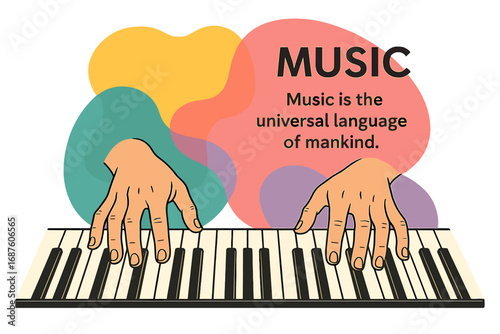 Design a musical poster incorporating elements of music for use on cards, invitations, and flyers, featuring a vector illustration of a piano keyboard with hands