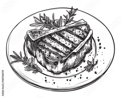 Grilled Meat Chop Illustration on Plate with Herbs. Grilled Pork Chop Sketch Style Food Illustration.