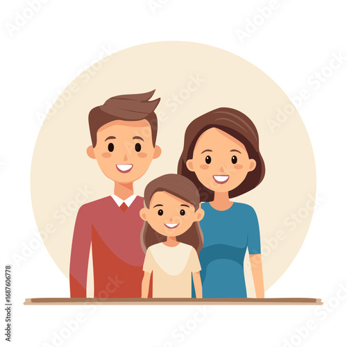 Illustration of Smiling Family Group Portrait Featuring Father, Mother and Daughter