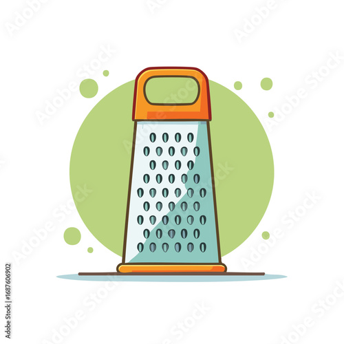 Cartoon illustration of a kitchen grater with holes and an orange handle