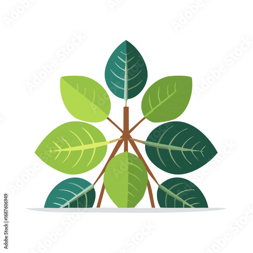 Stylized plant illustration featuring a collection of green and blue leaves and brown stems.