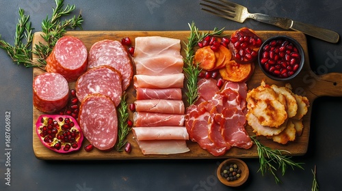 Charcuterie Platter With Assorted Meats, Fruits, and Herbs Arranged on a Wood...