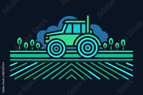 Tractor plowing farmland icon with neon crop design agriculture