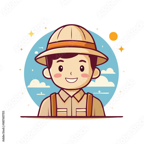Cartoon illustration of a smiling explorer wearing safari hat and gear, clouds in the background.