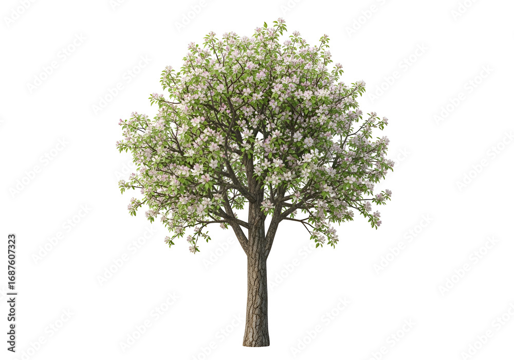 Obraz premium A blossoming tree with a full canopy of delicate white flowers stands isolated against a black background.