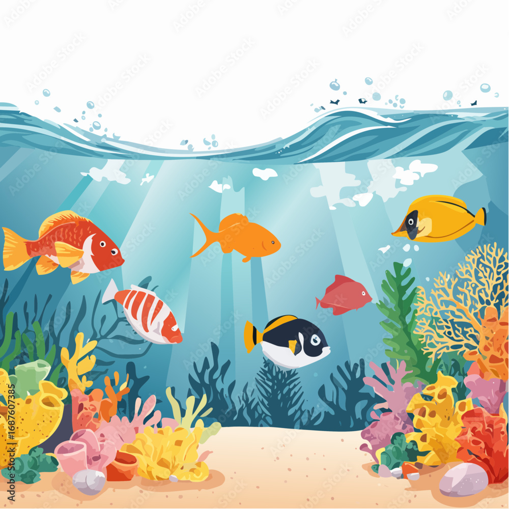 Naklejka premium Colorful Underwater Scene with Tropical Fish and Coral Reef