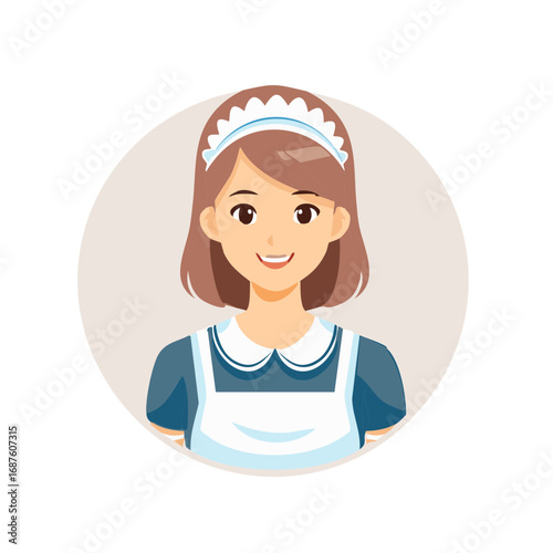 Smiling cartoon maid avatar with brunette hair wearing a blue uniform and white apron.