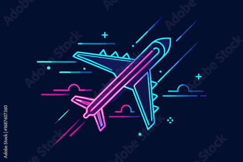 neon minimal line glow icon of airplane with light effect