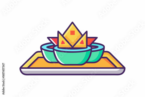 nachos tray glowing with triangular chips and small accents