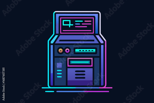 neon minimal line glow icon of atm machine with lights