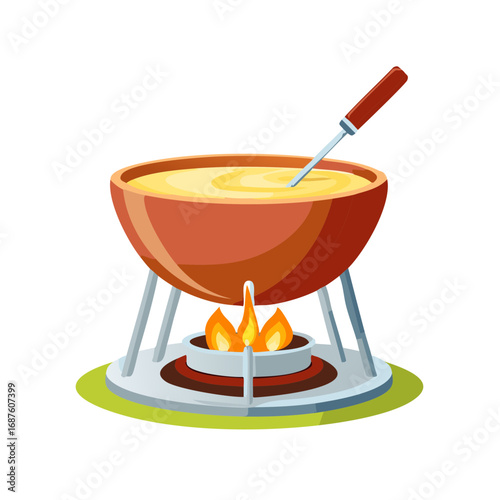 Traditional cheese fondue pot with melted cheese and burner flame illustration