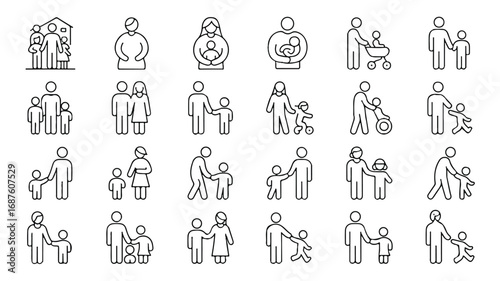 Set of family and parenthood icons depicting parents children and relationships in simple outline style
