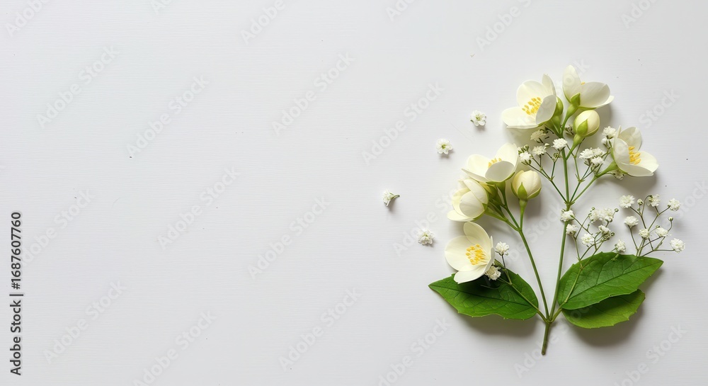Fototapeta premium Delicate Jasmine Bloom Arrangement with Gypsophila on White Background.