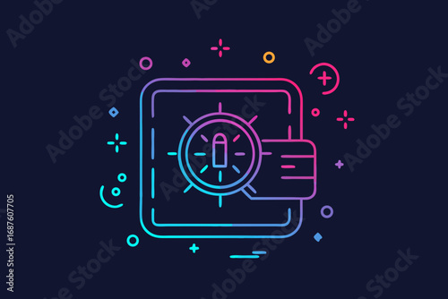 safe vault with glowing accents neon minimal line icon