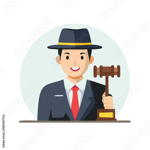 Smiling man in suit and fedora hat holding a wooden gavel for auction or justice illustration
