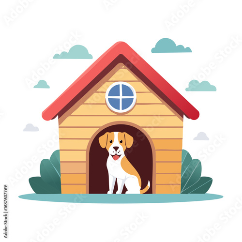 Happy Dog Sitting Inside a Doghouse with Red Roof, Blue Clouds and Green Bushes Cartoon Style