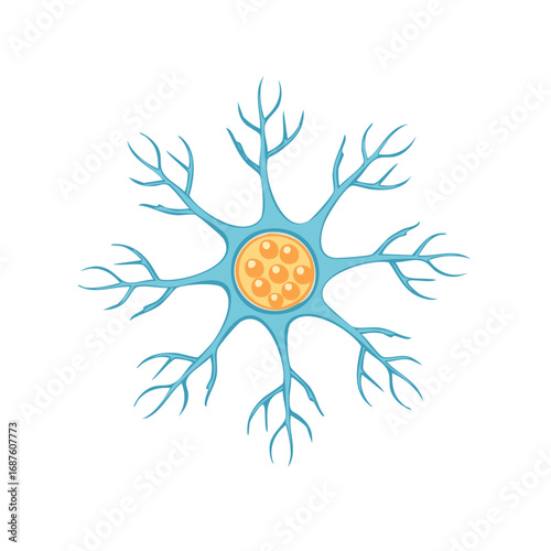 Stylized human neuron cell with blue branching dendrites and a yellow nucleus