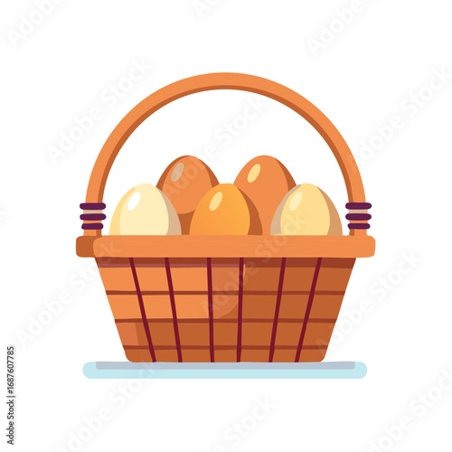A woven basket filled with assorted colored eggs ready for spring celebrations or Easter