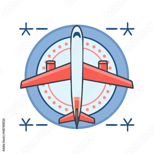 Illustration of a commercial airplane within a circular frame suggesting flight or travel concept