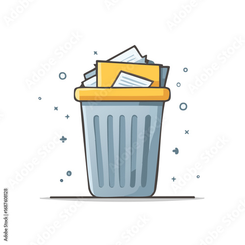 Cartoon office wastebasket overflowing with discarded documents and a folder vector icon