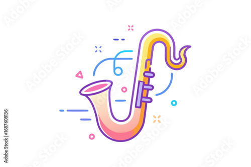 saxophone glowing with curved bell and sound wave lines