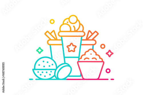 Glowing snack combo icon with nachos soda and popcorn