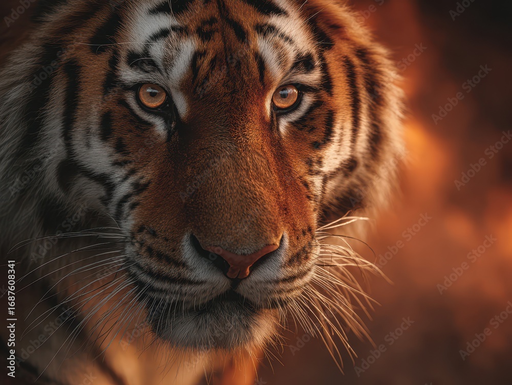 Naklejka premium Majestic tiger gazes intently in a warm, dramatic setting during twilight hours