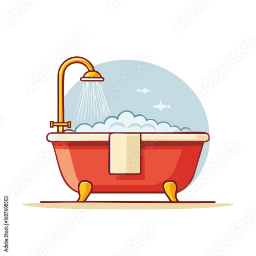 A red clawfoot bathtub fills with foamy water under a golden shower head with water spraying