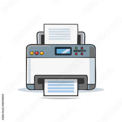 Vibrant vector illustration of an office document printer with paper feeding and outputting sheets