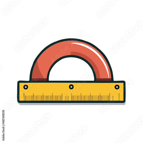 Illustrated protractor tool in yellow and red.  Educational measuring device.