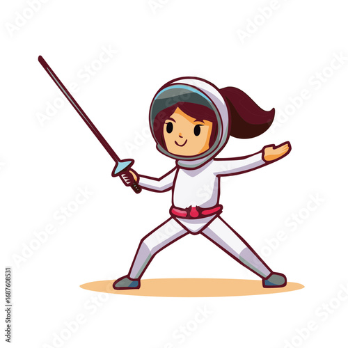 Cartoon Female Fencer in Gear Holding Epee Sword in Fighting Stance
