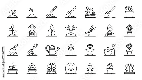 Simple Line Art Icons Representing Gardening Elements and Plant Care for Horticultural Concepts and Eco Friendly Lifestyle