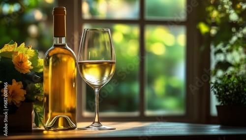 Enjoying White Wine by the Window With Plants and Fresh Flowers in a Sunlit S...