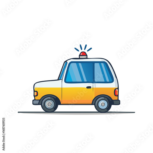 Illustration of yellow and white retro cartoon emergency vehicle with red beacon light for safety, security, and police.