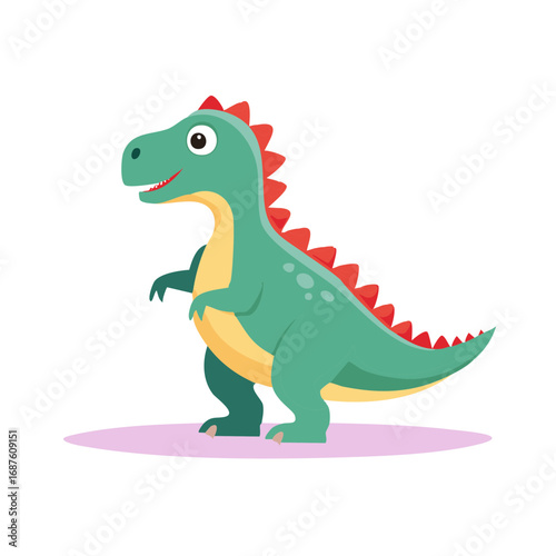 Whimsical Cartoon Dinosaur Illustration with Bright Green Skin and Red Spikes for Children's Designs