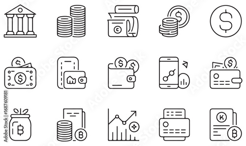 Business and economy outline symbols including bank, loan, payment, investment, and digital wallet illustrations.